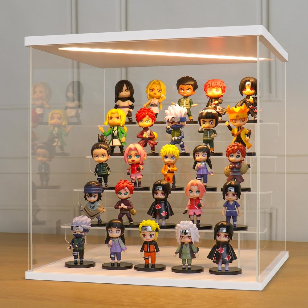 LANSCOERY LED Lighted Acrylic Display Case, 5 Tier Display Box for Collectibles and Action Figures, Clear Dustproof Organizer with White Base  11.8x11x11.8inch