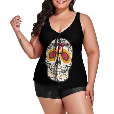 BAIKUTOUAN Sugar Skull Plus Size Swimsuit for Women Two Piece Bathing Suit Printed Swimwear