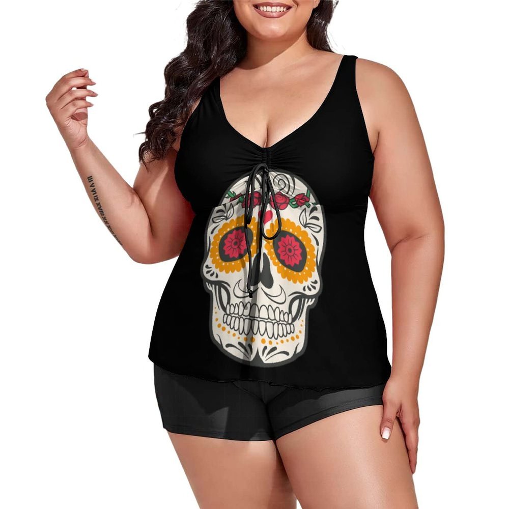 BAIKUTOUAN Sugar Skull Plus Size Swimsuit for Women Two Piece Bathing Suit Printed Swimwear