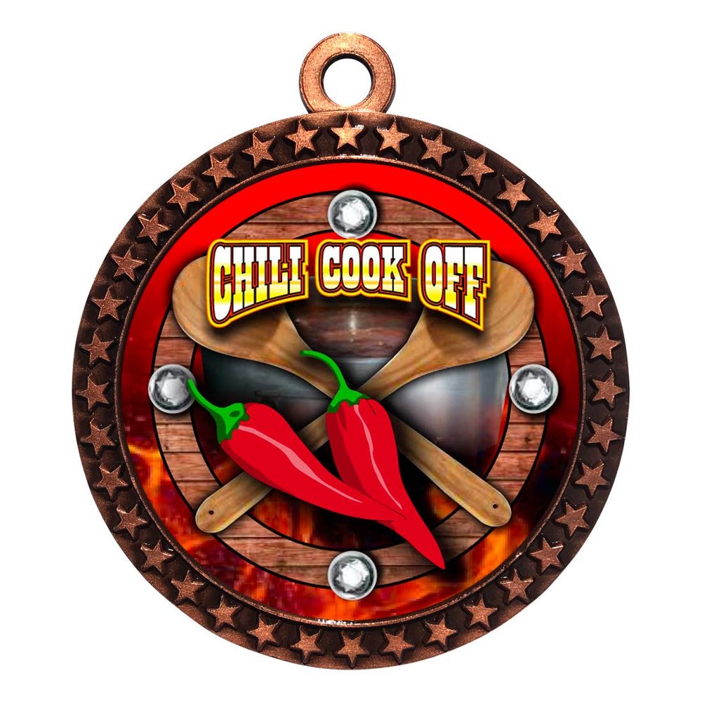 10 Pack of Chili Cook Off Bronze 2.25 Inch Medals Trophy Awards with Red White Blue Neck Ribbons D212B-FCL437-10PK