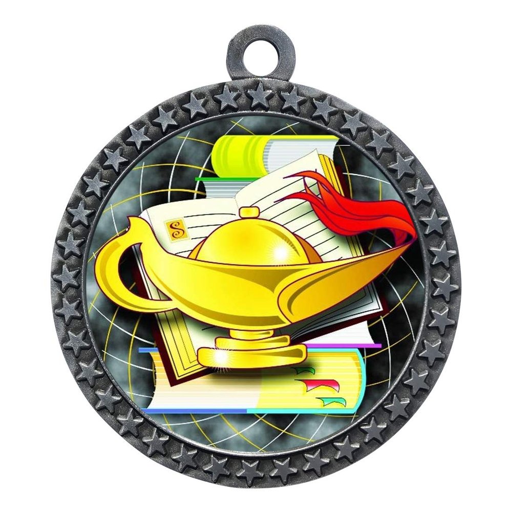 10 Pack of Lamp of Knowledge Silver 2.25 Inch Medals Trophy Awards with Red White Blue Neck Ribbons D212S-FCL418-10PK