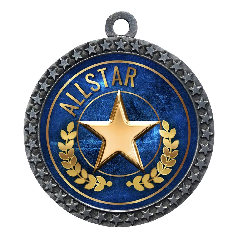 10 Pack of Allstar Silver 2.25 Inch Medals Trophy Awards with Red White Blue Neck Ribbons D212S-EG4-10PK
