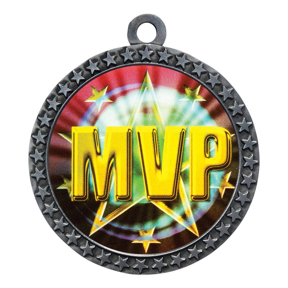 10 Pack of MVP Silver 2.25 Inch Medals Trophy Awards with Red White Blue Neck Ribbons D212S-MY456-10PK