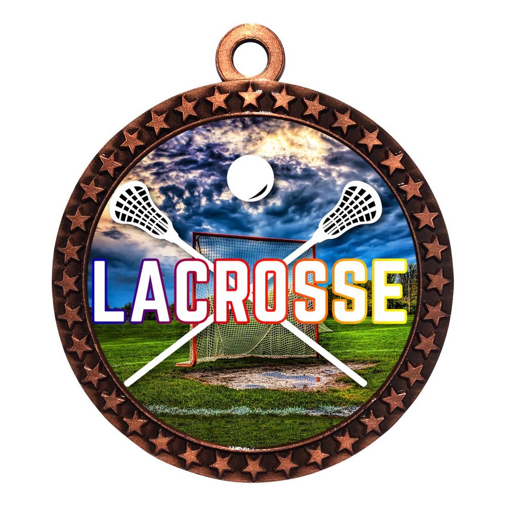 10 Pack of Lacrosse Bronze 2.25 Inch Medals Trophy Awards with Red White Blue Neck Ribbons D212B-EG150-10PK