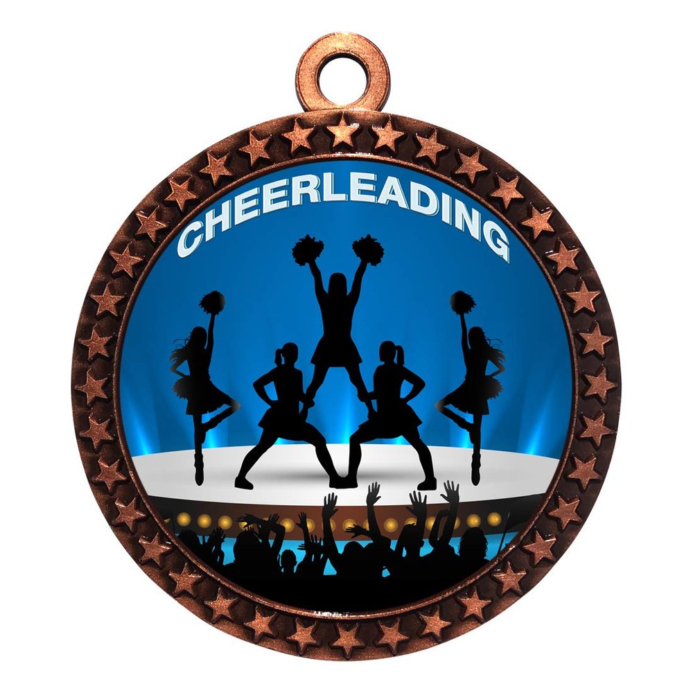 10 Pack of Cheerleading Bronze 2.25 Inch Medals Trophy Awards with Red White Blue Neck Ribbons D212B-EG70-10PK
