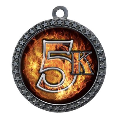 10 Pack of Flame 5K Silver 2.25 Inch Medals Trophy Awards with Red White Blue Neck Ribbons D212S-EMFCL815-10PK
