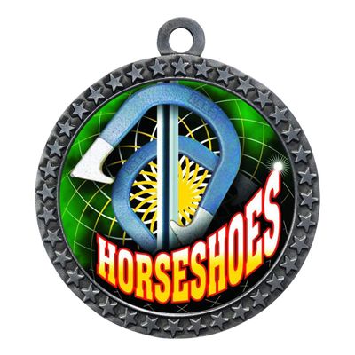 10 Pack of Horseshoes Silver 2.25 Inch Medals Trophy Awards with Red White Blue Neck Ribbons D212S-FCL497-10PK