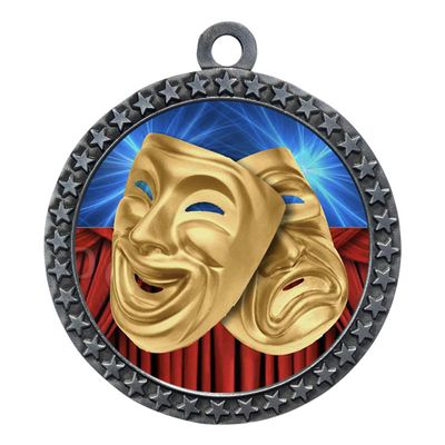 10 Pack of Drama Silver 2.25 Inch Medals Trophy Awards with Red White Blue Neck Ribbons D212S-D19-10PK