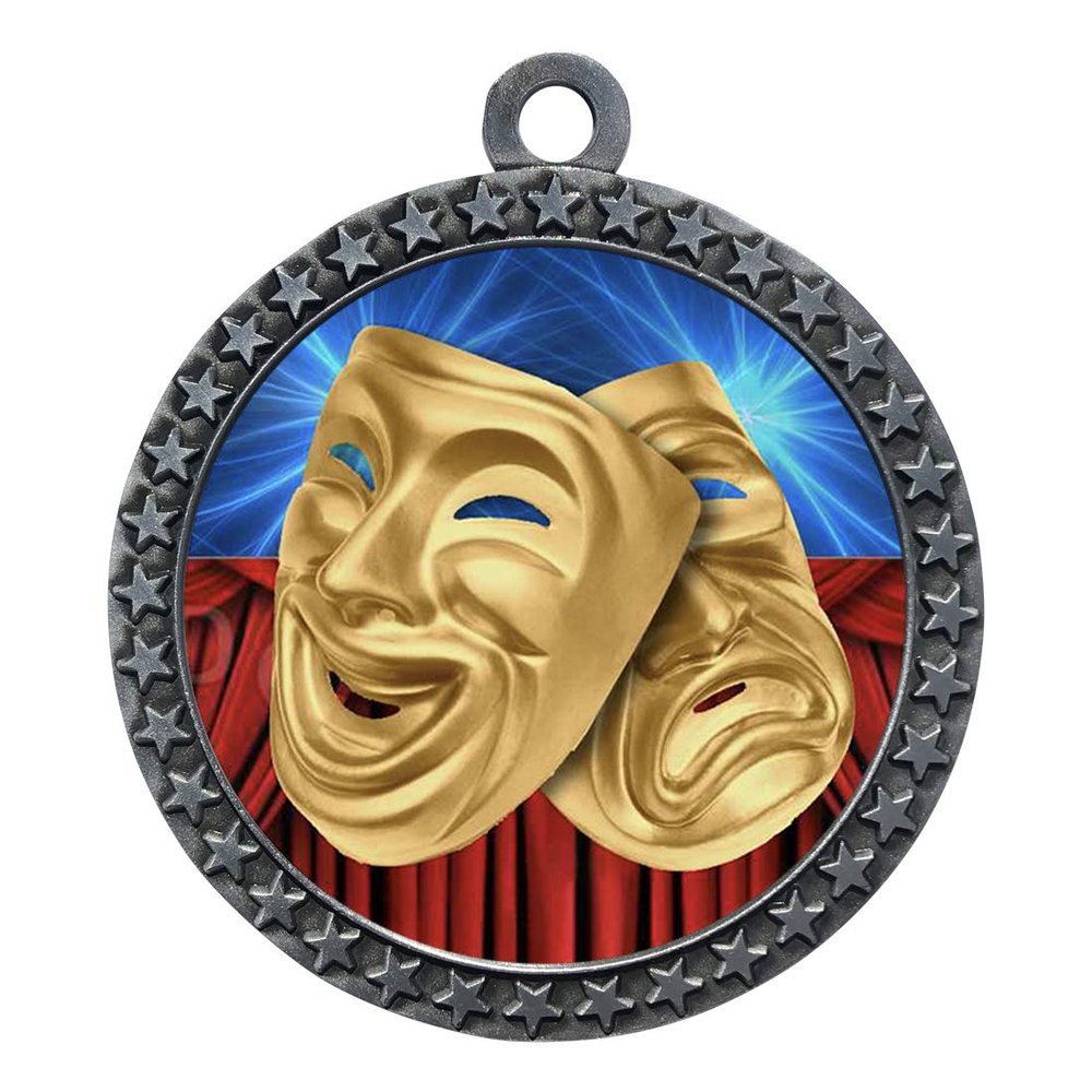 10 Pack of Drama Silver 2.25 Inch Medals Trophy Awards with Red White Blue Neck Ribbons D212S-D19-10PK