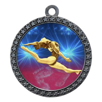 10 Pack of Female Gymnastics Silver 2.25 Inch Medals Trophy Awards with Red White Blue Neck Ribbons D212S-D22-10PK