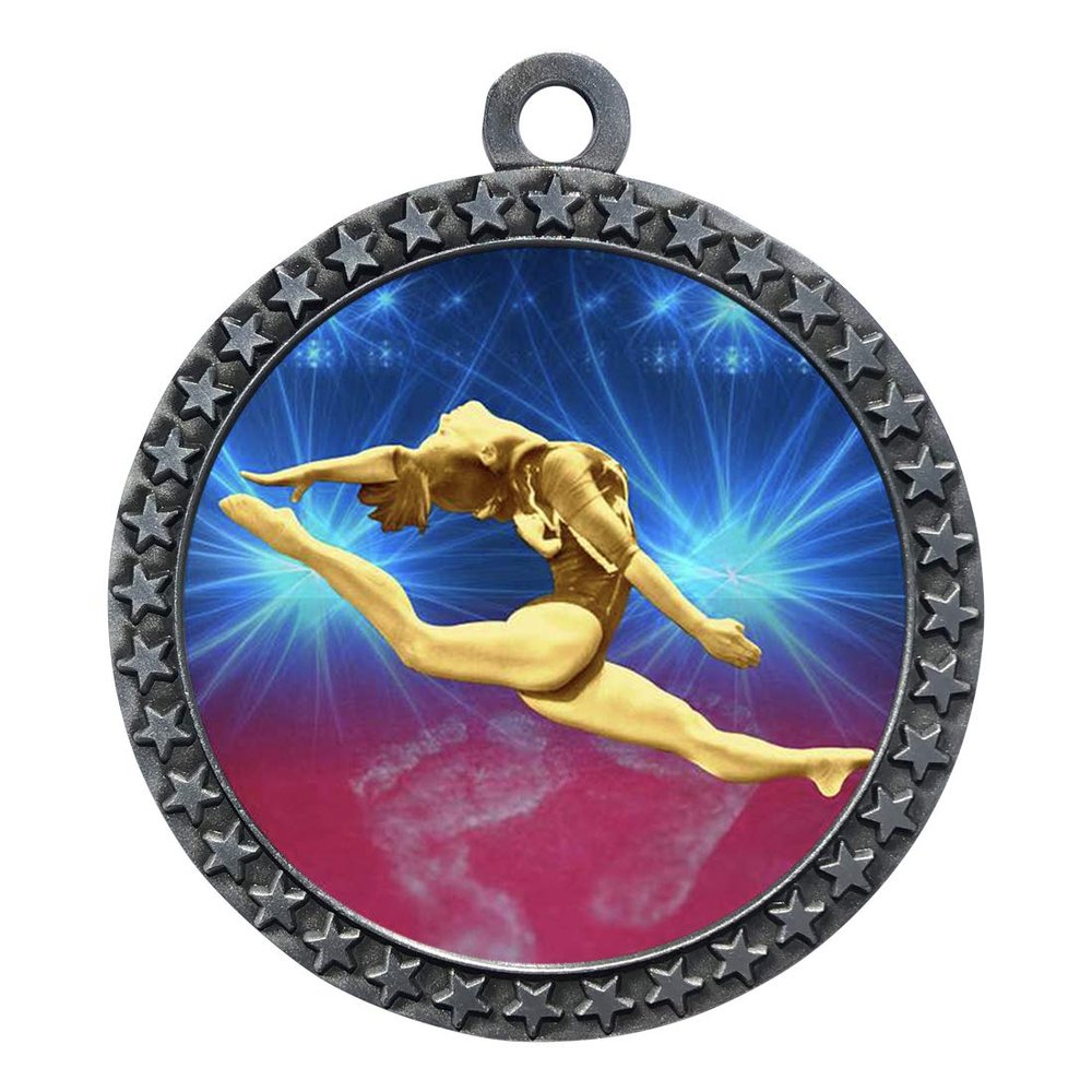 10 Pack of Female Gymnastics Silver 2.25 Inch Medals Trophy Awards with Red White Blue Neck Ribbons D212S-D22-10PK