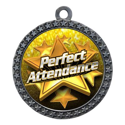 10 Pack of Perfect Attendance Silver 2.25 Inch Medals Trophy Awards with Red White Blue Neck Ribbons D212S-FCL525-10PK