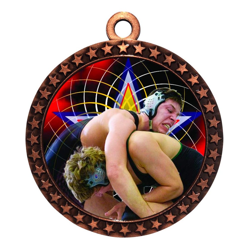 10 Pack of Wrestling Bronze 2.25 Inch Medals Trophy Awards with Red White Blue Neck Ribbons D212B-FCL577-10PK