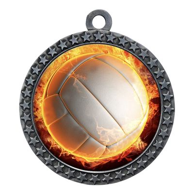 10 Pack of Flame Volleyball Silver 2.25 Inch Medals Trophy Awards with Red White Blue Neck Ribbons D212S-EMFCL804-10PK