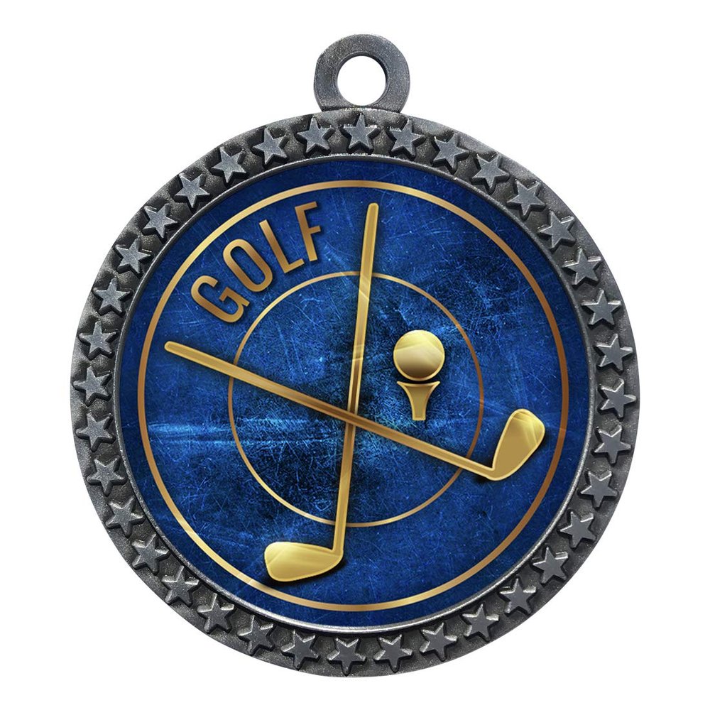 10 Pack of Golf Silver 2.25 Inch Medals Trophy Awards with Red White Blue Neck Ribbons D212S-EG30-10PK