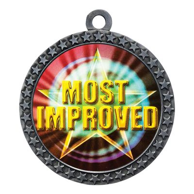 10 Pack of Most Improved Silver 2.25 Inch Medals Trophy Awards with Red White Blue Neck Ribbons D212S-MY457-10PK