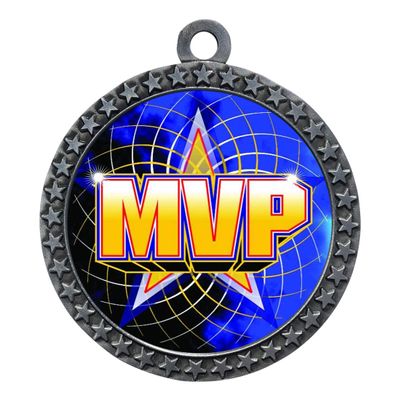 10 Pack of MVP Silver 2.25 Inch Medals Trophy Awards with Red White Blue Neck Ribbons D212S-FCL518-10PK