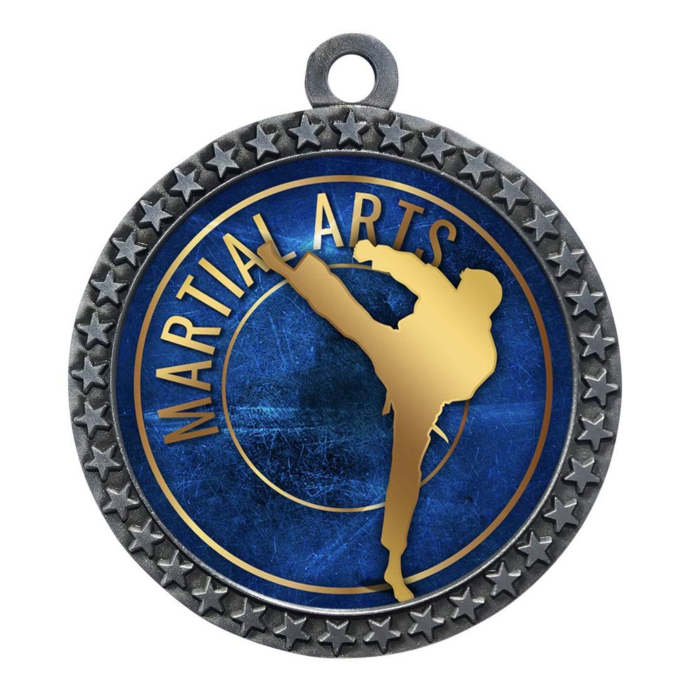 10 Pack of Martial Arts Silver 2.25 Inch Medals Trophy Awards with Red White Blue Neck Ribbons D212S-EG40-10PK