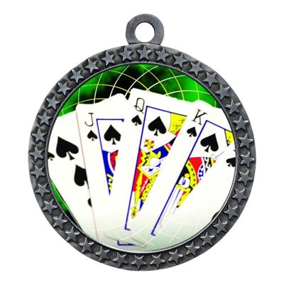 10 Pack of Poker Silver 2.25 Inch Medals Trophy Awards with Red White Blue Neck Ribbons D212S-FCL432-10PK