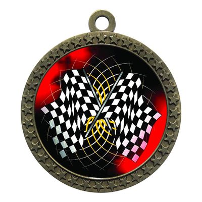 10 Pack of Racing Flags Gold 2.25 Inch Medals Trophy Awards with Red White Blue Neck Ribbons D212G-FCL436-10PK
