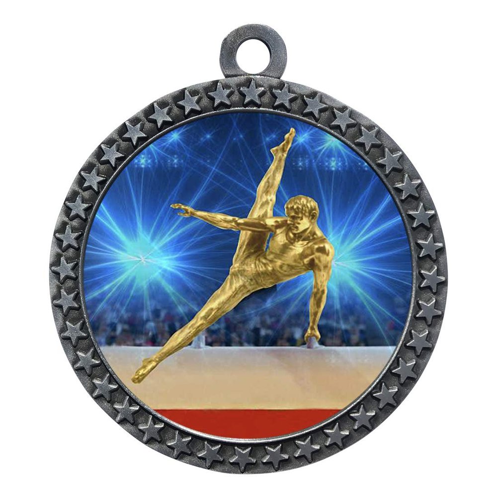10 Pack of Male Gymnastics Silver 2.25 Inch Medals Trophy Awards with Red White Blue Neck Ribbons D212S-D24-10PK