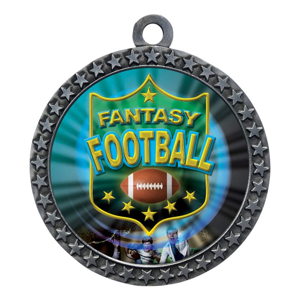 10 Pack of Fantasy Football Silver 2.25 Inch Medals Trophy Awards with Red White Blue Neck Ribbons D212S-MY485-10PK