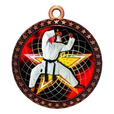 10 Pack of Martial Arts Karate Bronze 2.25 Inch Medals Trophy Awards with Red White Blue Neck Ribbons D212B-FCL502-10PK