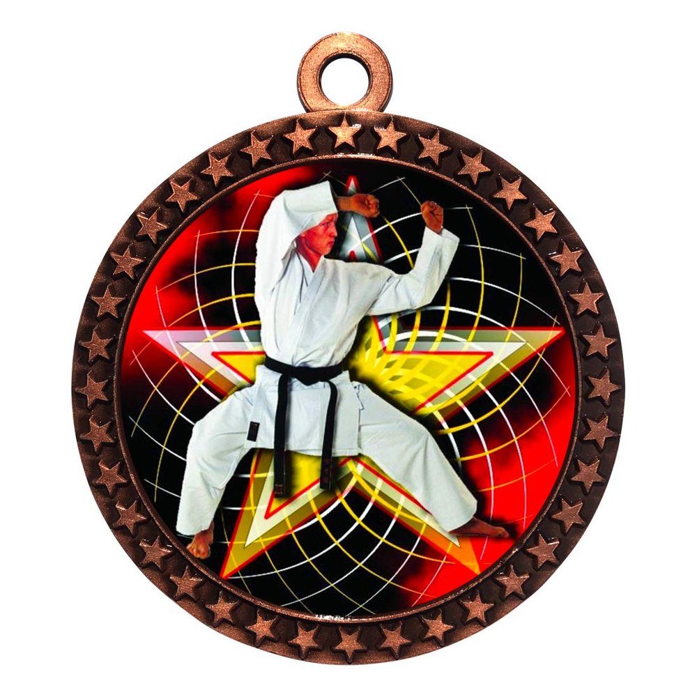 10 Pack of Martial Arts Karate Bronze 2.25 Inch Medals Trophy Awards with Red White Blue Neck Ribbons D212B-FCL502-10PK