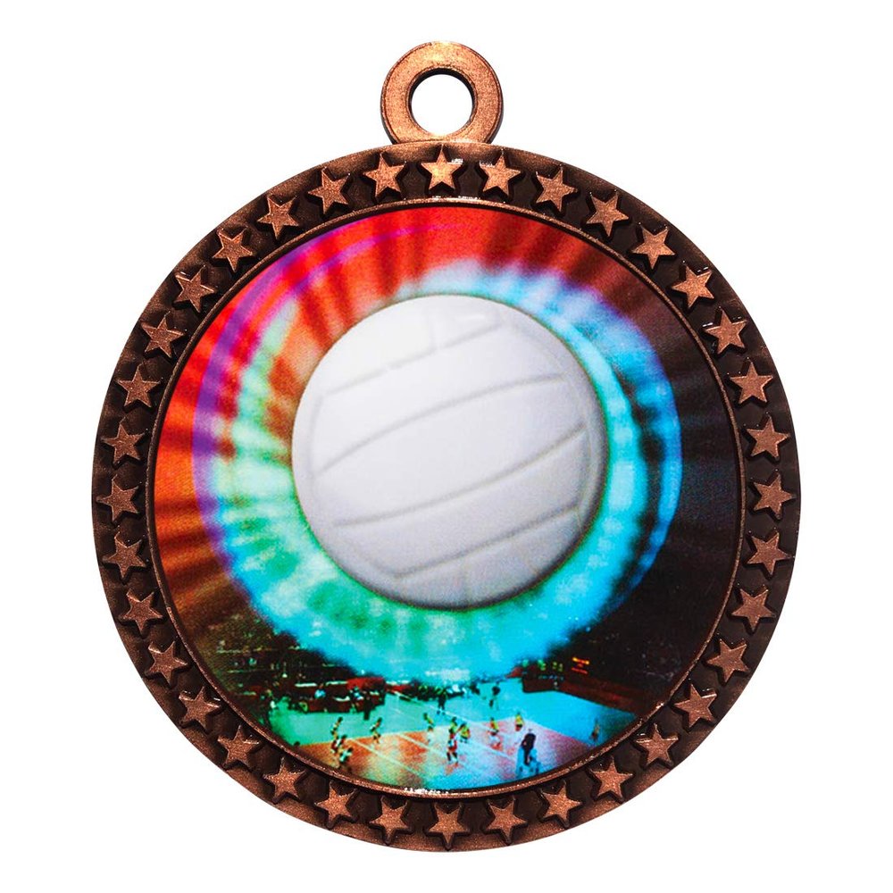 10 Pack of Volleyball Bronze 2.25 Inch Medals Trophy Awards with Red White Blue Neck Ribbons D212B-MY452-10PK