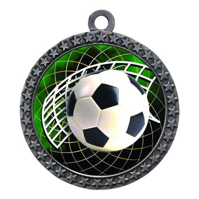 10 Pack of Soccer Silver 2.25 Inch Medals Trophy Awards with Red White Blue Neck Ribbons D212S-FCL542-10PK