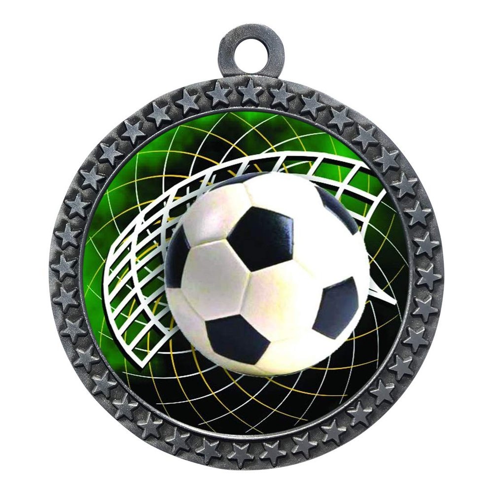 10 Pack of Soccer Silver 2.25 Inch Medals Trophy Awards with Red White Blue Neck Ribbons D212S-FCL542-10PK