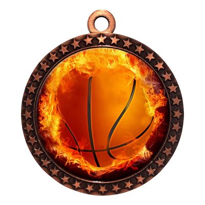 10 Pack of Flame Basketball Bronze 2.25 Inch Medals Trophy Awards with Red White Blue Neck Ribbons D212B-EMFCL803-10PK