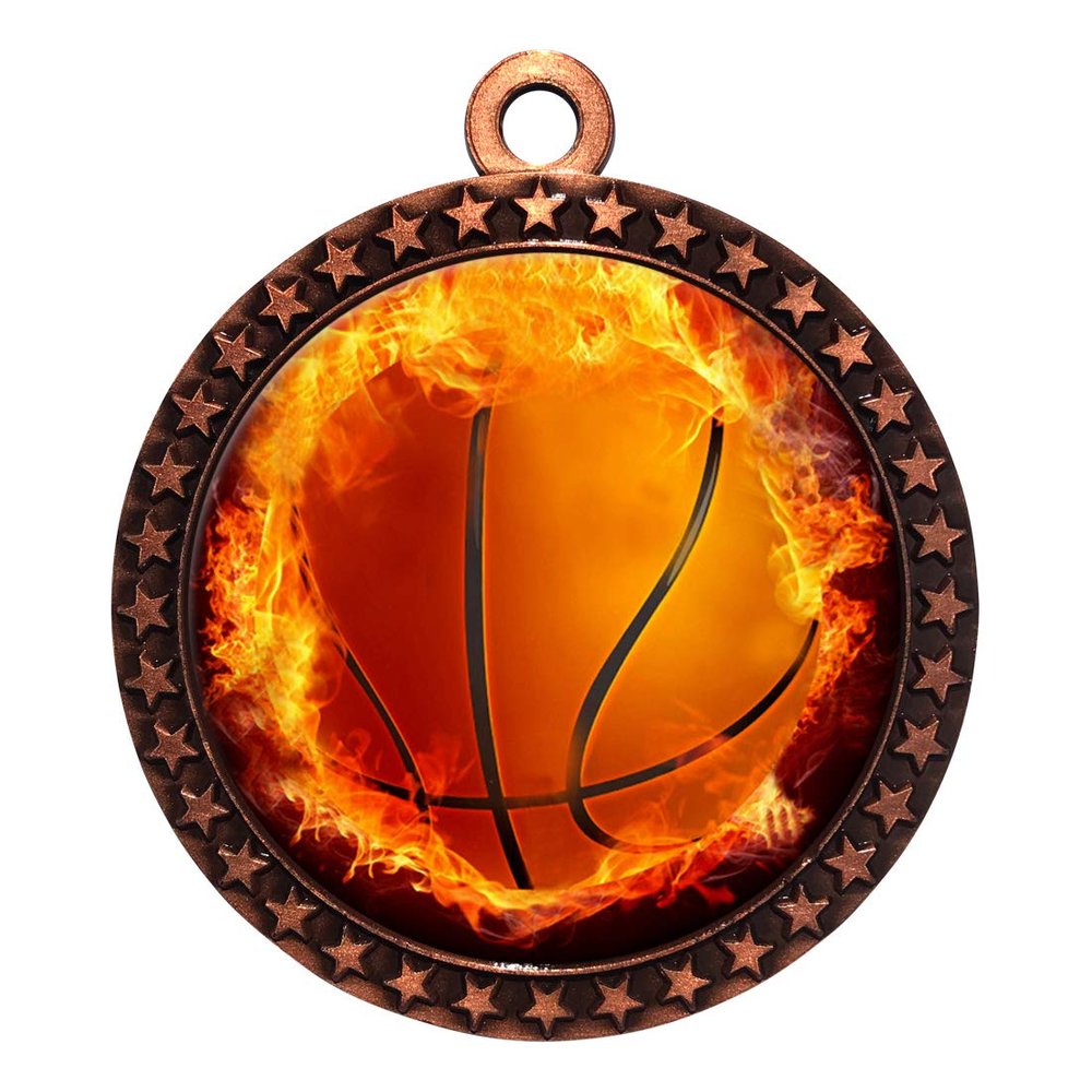 10 Pack of Flame Basketball Bronze 2.25 Inch Medals Trophy Awards with Red White Blue Neck Ribbons D212B-EMFCL803-10PK