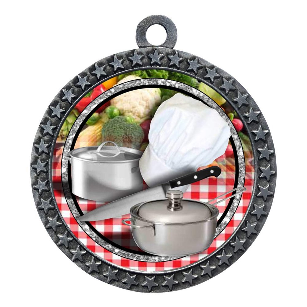 10 Pack of Chef Cooking Silver 2.25 Inch Medals Trophy Awards with Red White Blue Neck Ribbons D212S-FCL453-10PK