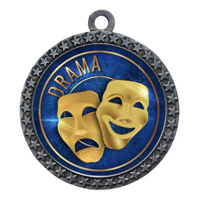 10 Pack of Drama Silver 2.25 Inch Medals Trophy Awards with Red White Blue Neck Ribbons D212S-EG22-10PK