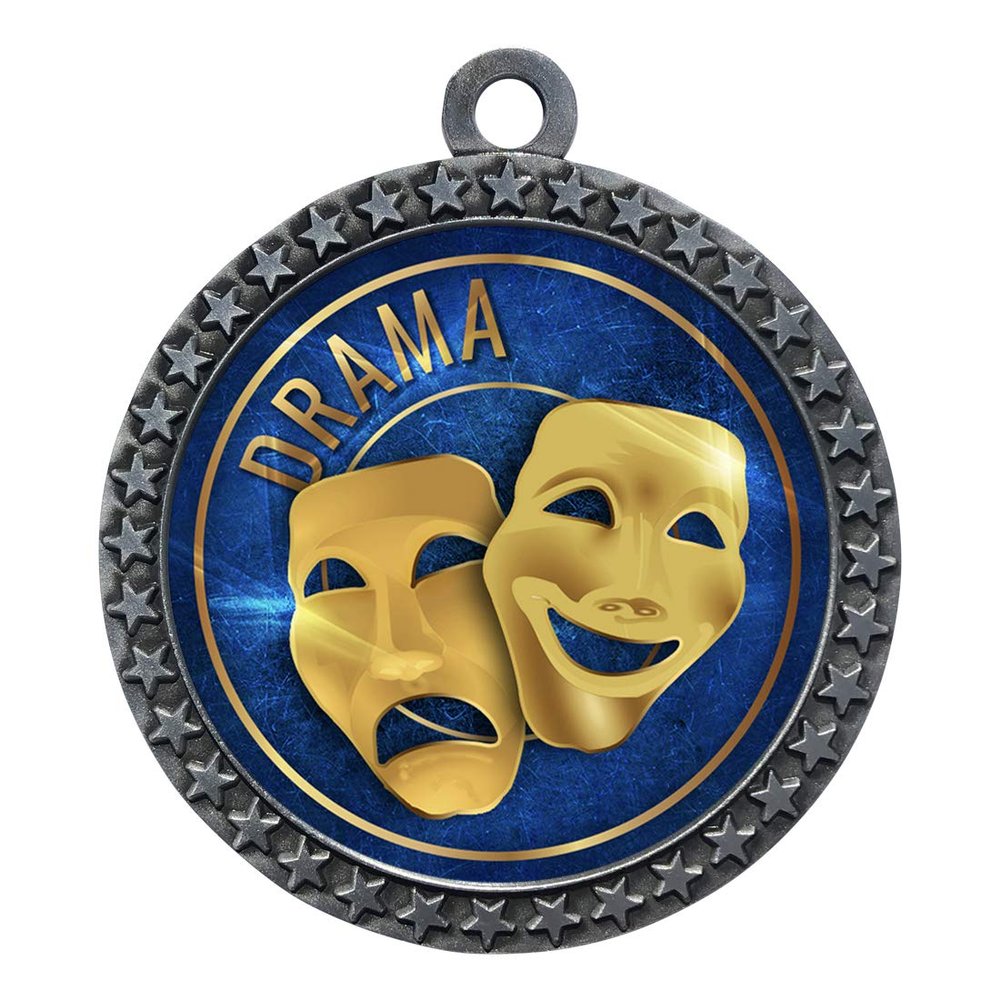 10 Pack of Drama Silver 2.25 Inch Medals Trophy Awards with Red White Blue Neck Ribbons D212S-EG22-10PK