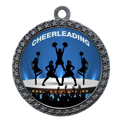 10 Pack of Cheerleading Silver 2.25 Inch Medals Trophy Awards with Red White Blue Neck Ribbons D212S-EG70-10PK