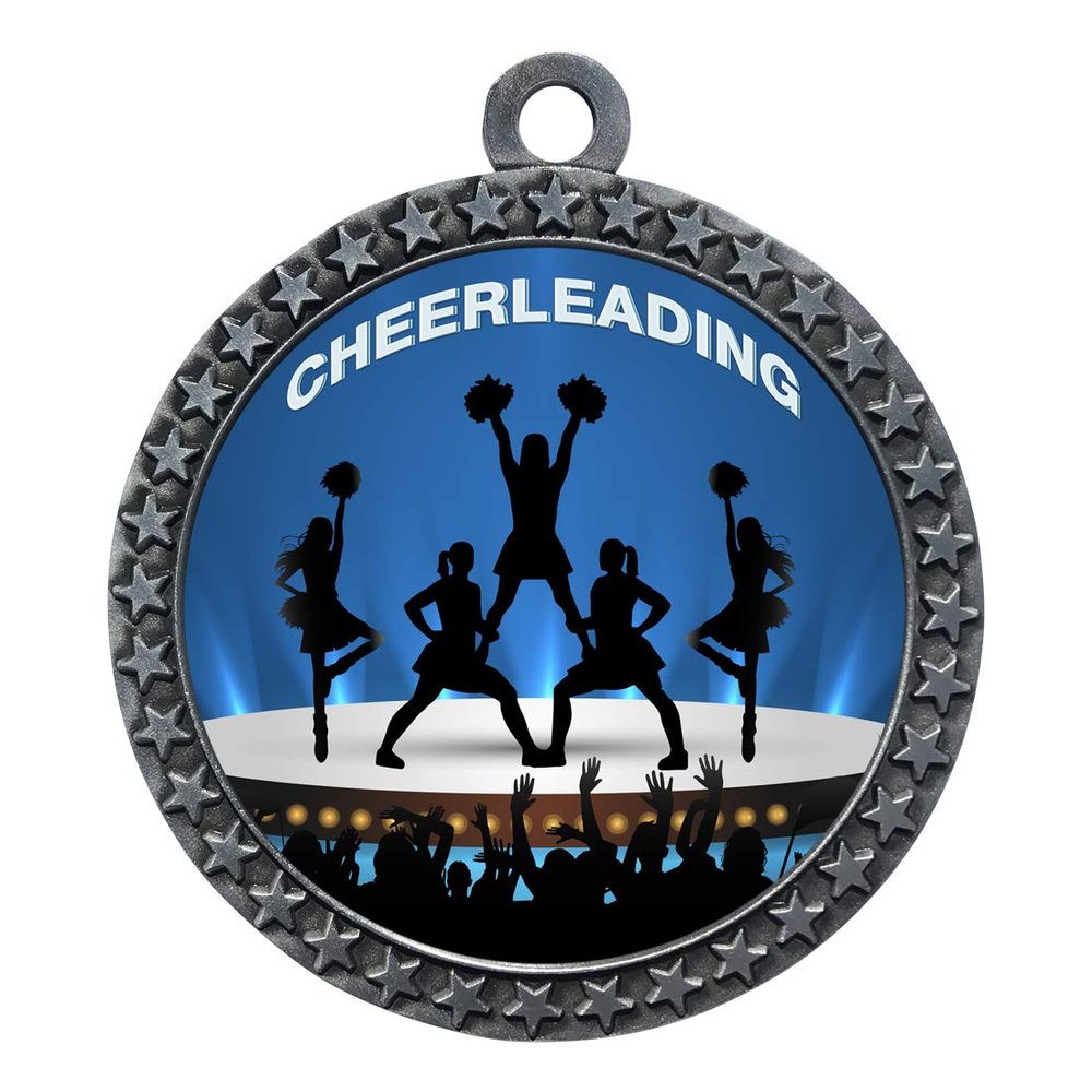 10 Pack of Cheerleading Silver 2.25 Inch Medals Trophy Awards with Red White Blue Neck Ribbons D212S-EG70-10PK