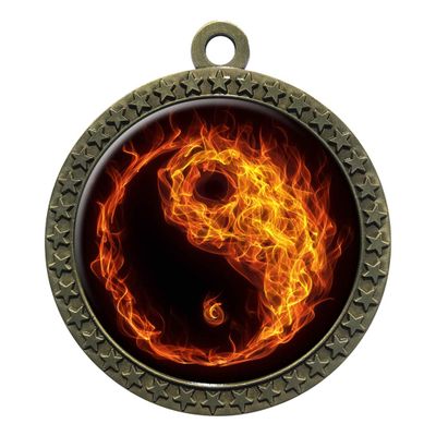 10 Pack of Flame Martial Arts Gold 2.25 Inch Medals Trophy Awards with Red White Blue Neck Ribbons D212G-EMFCL807-10PK