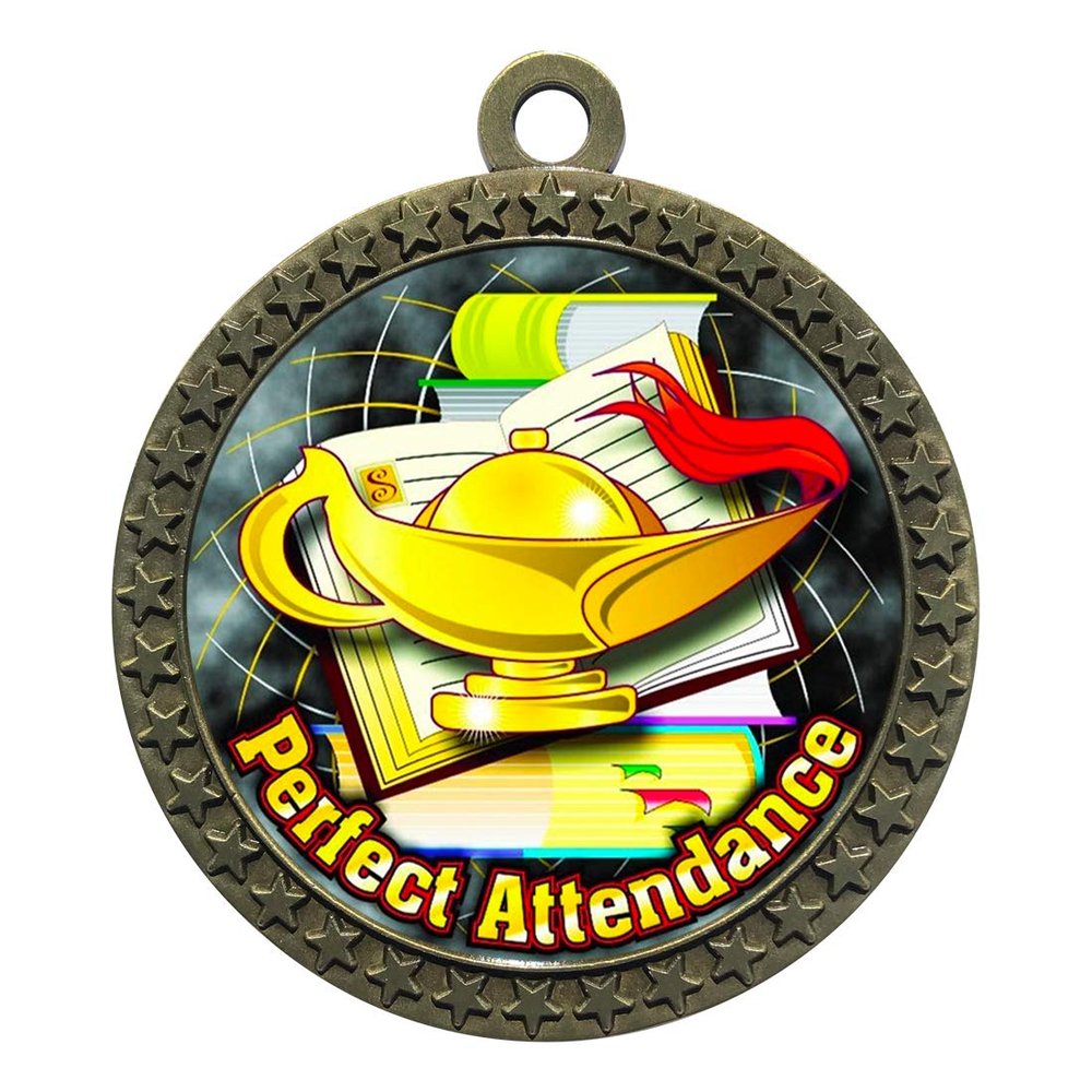10 Pack of Perfect Attendance Gold 2.25 Inch Medals Trophy Awards with Red White Blue Neck Ribbons D212G-FCL422-10PK