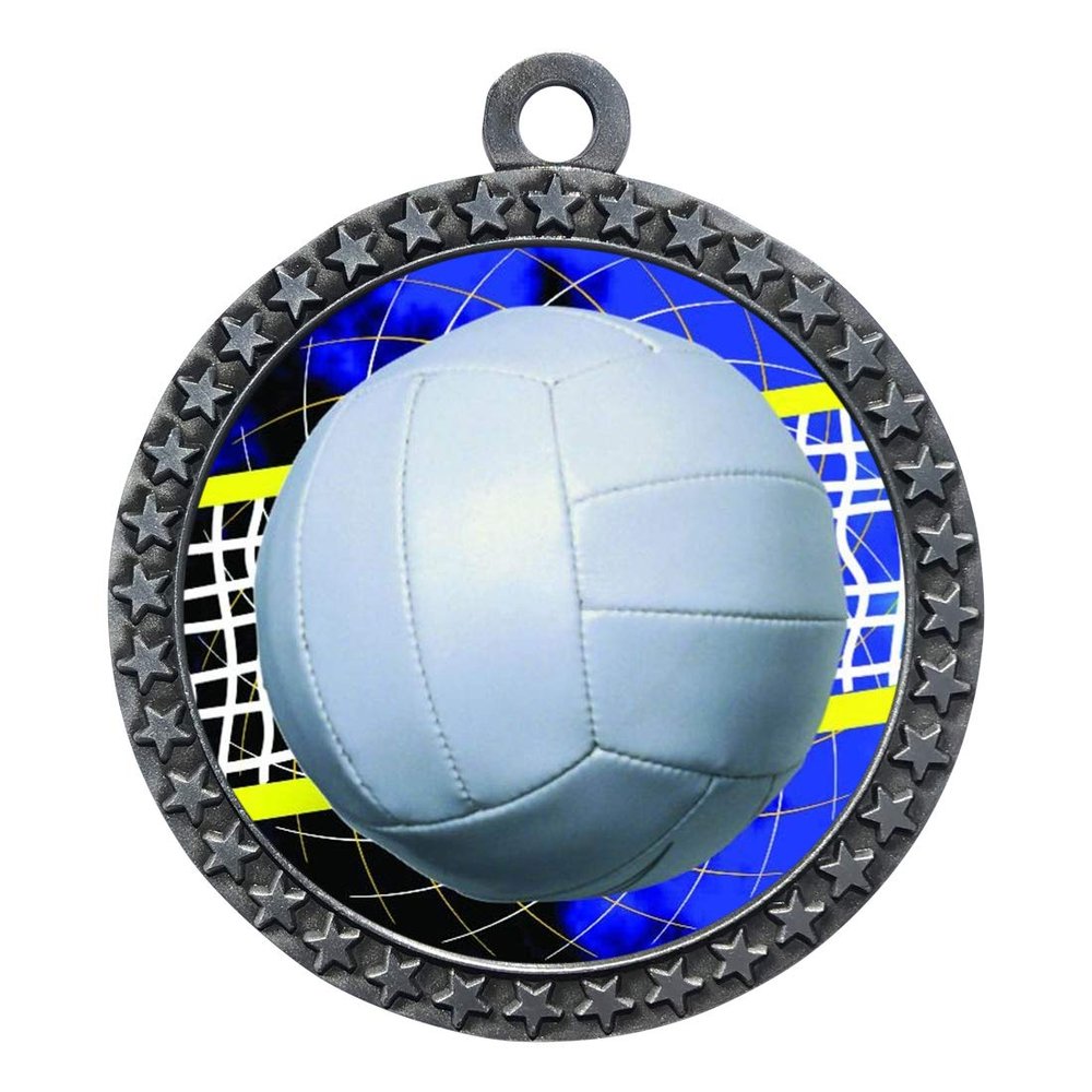 10 Pack of Volleyball Silver 2.25 Inch Medals Trophy Awards with Red White Blue Neck Ribbons D212S-FCL572-10PK