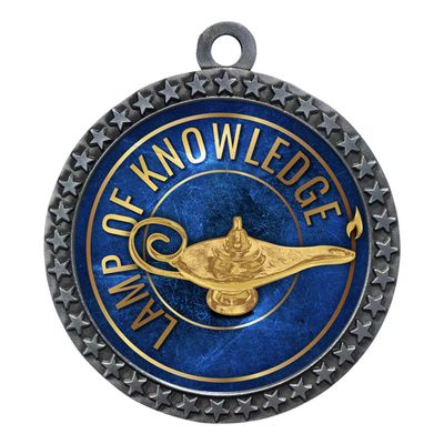 10 Pack of Lamp of Knowledge Silver 2.25 Inch Medals Trophy Awards with Red White Blue Neck Ribbons D212S-EG36-10PK