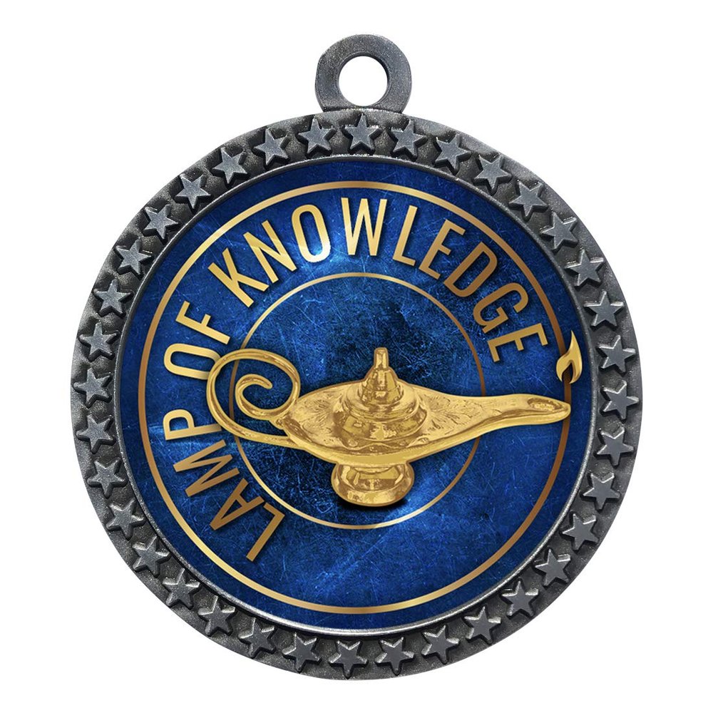 10 Pack of Lamp of Knowledge Silver 2.25 Inch Medals Trophy Awards with Red White Blue Neck Ribbons D212S-EG36-10PK