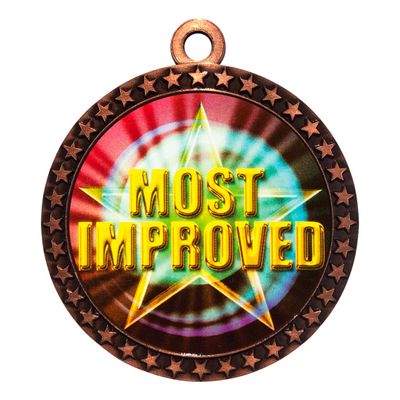 10 Pack of Most Improved Bronze 2.25 Inch Medals Trophy Awards with Red White Blue Neck Ribbons D212B-MY457-10PK