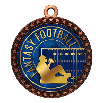 10 Pack of Fantasy Football Bronze 2.25 Inch Medals Trophy Awards with Red White Blue Neck Ribbons D212B-EG24-10PK