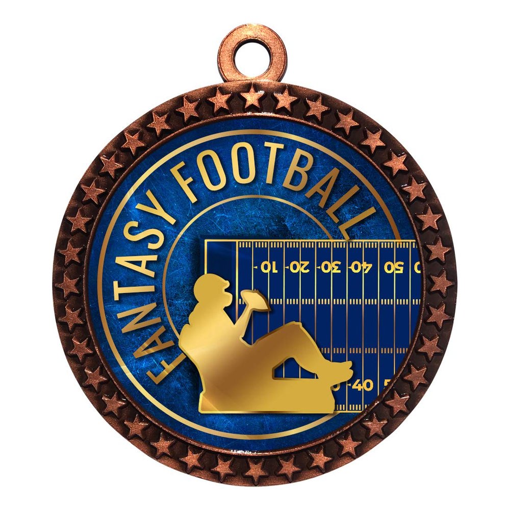 10 Pack of Fantasy Football Bronze 2.25 Inch Medals Trophy Awards with Red White Blue Neck Ribbons D212B-EG24-10PK