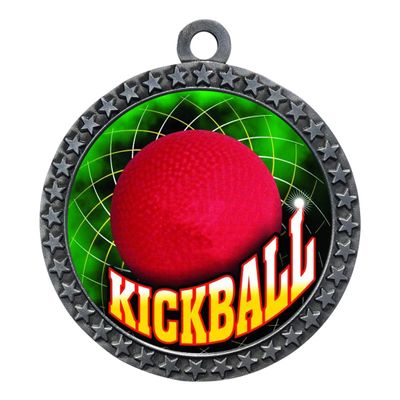 10 Pack of Kickball Silver 2.25 Inch Medals Trophy Awards with Red White Blue Neck Ribbons D212S-FCL503-10PK