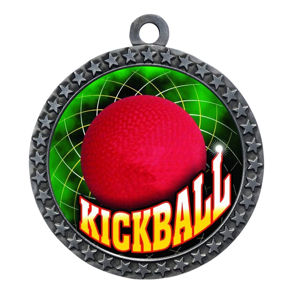 10 Pack of Kickball Silver 2.25 Inch Medals Trophy Awards with Red White Blue Neck Ribbons D212S-FCL503-10PK