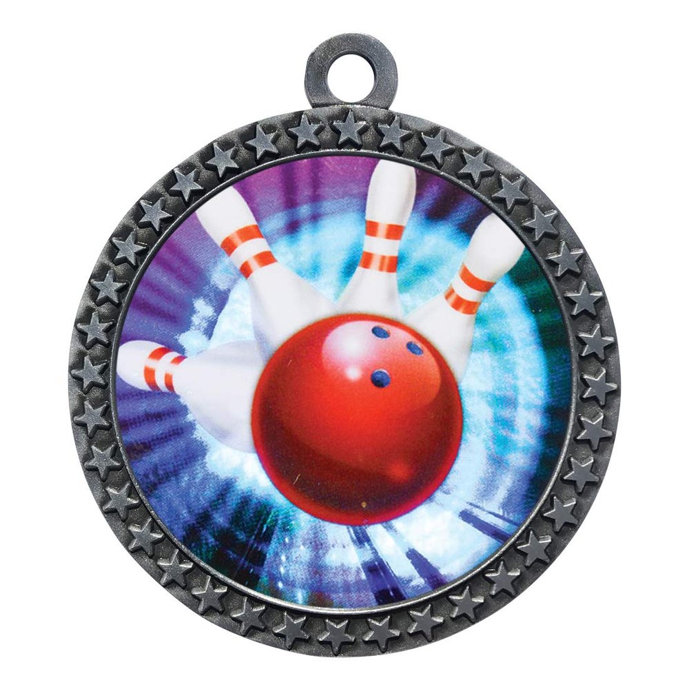 10 Pack of Bowling Silver 2.25 Inch Medals Trophy Awards with Red White Blue Neck Ribbons D212S-MY411-10PK