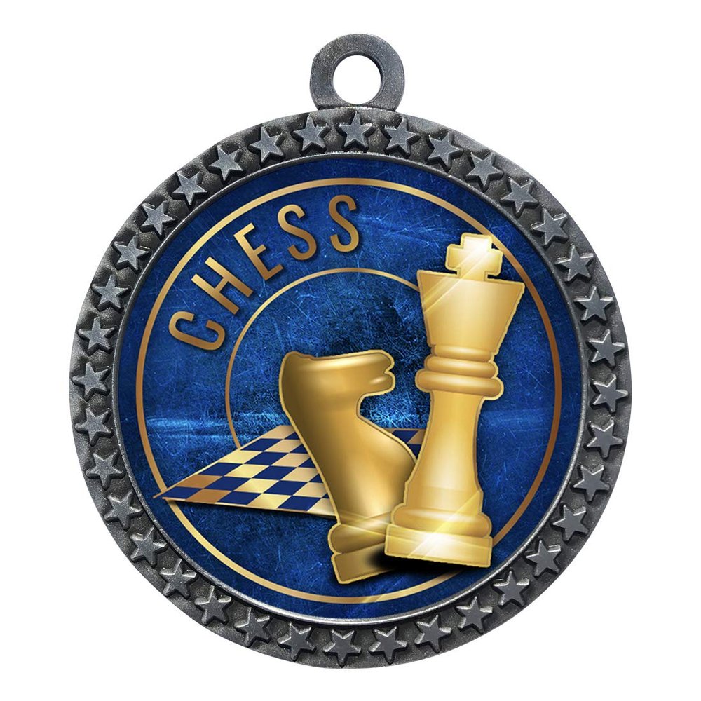 10 Pack of Chess Silver 2.25 Inch Medals Trophy Awards with Red White Blue Neck Ribbons D212S-EG18-10PK